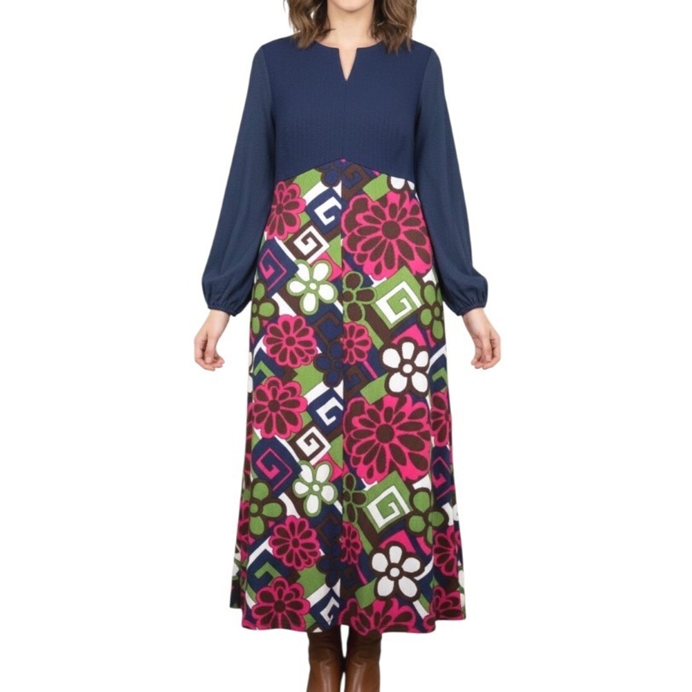 Vtg PURITAN Forever Young Dress COCKTAIL PARTY Blue/Floral Chiffon Sleeves M